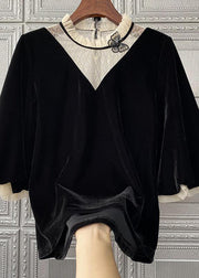 Unique Black Ruffled Lace Patchwork Velour Shirt Top Fall