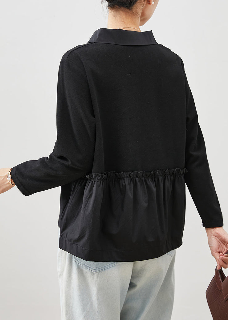 Unique Black Ruffled Patchwork Cotton Blouses Spring