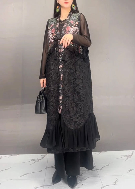 Unique Black Ruffled Patchwork Cotton Long Vest Sleeveless