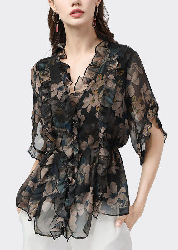 Unique Black Ruffled Patchwork Print Chiffon Blouse Top Summer