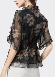 Unique Black Ruffled Patchwork Print Chiffon Blouse Top Summer