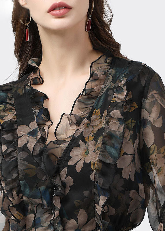 Unique Black Ruffled Patchwork Print Chiffon Blouse Top Summer