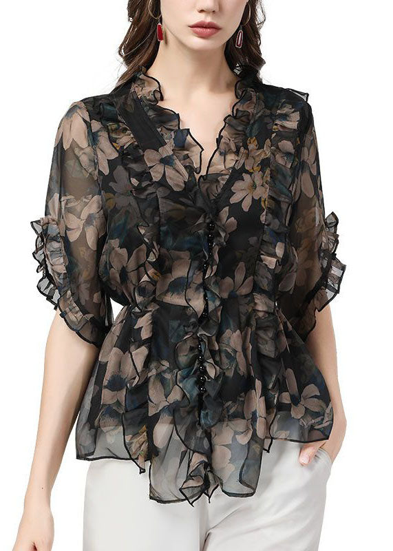 Unique Black Ruffled Patchwork Print Chiffon Blouse Top Summer