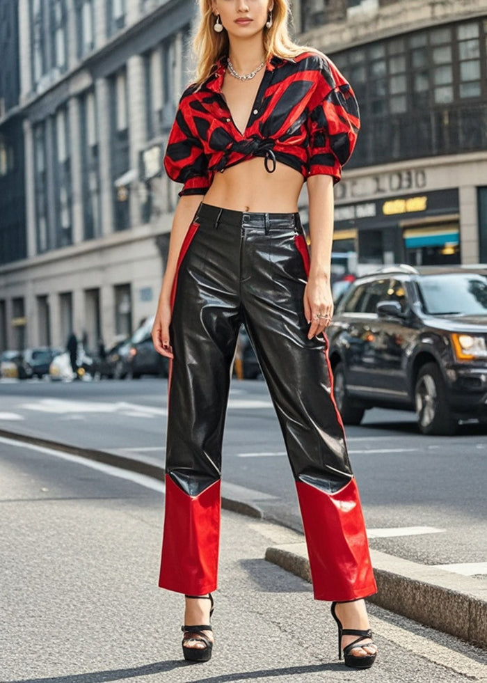 Unique Black Silm Fit Patchwork Faux Leather Pants Fall