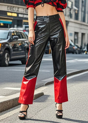 Unique Black Silm Fit Patchwork Faux Leather Pants Spring