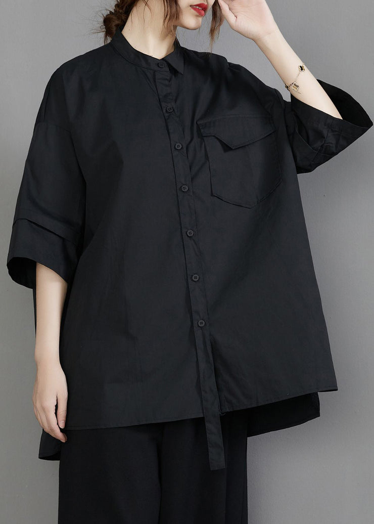 Unique Black Stand Collar Oversized Cotton Blouse Top Half Sleeve