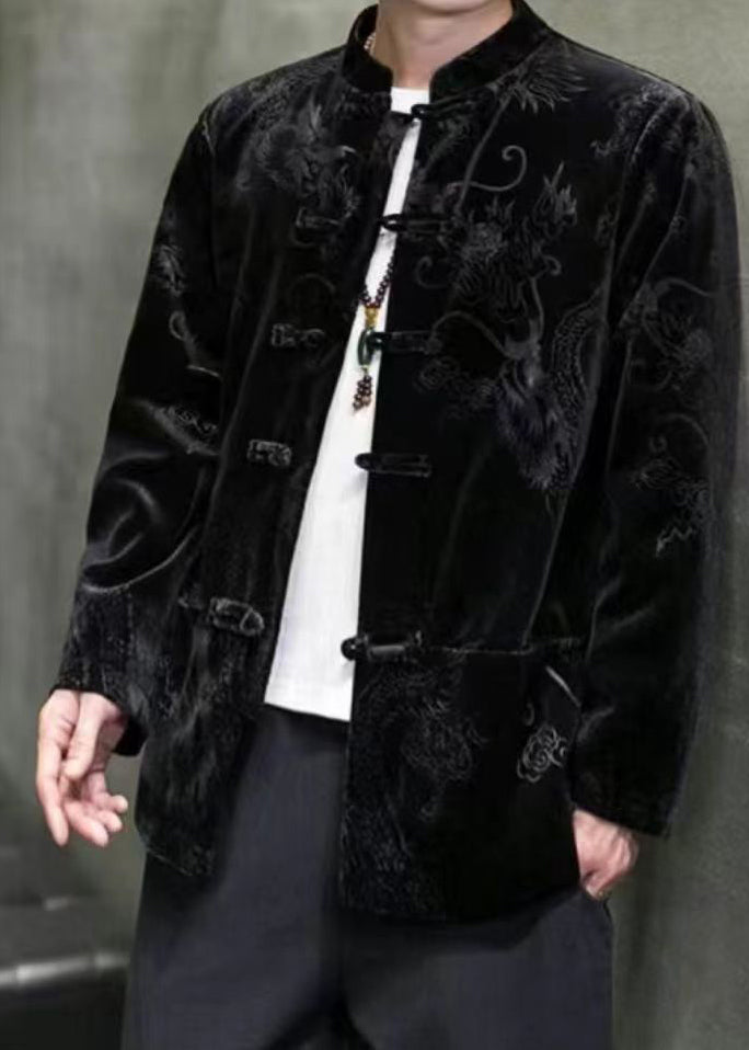 Unique Black Stand Collar Print Button Silk Velour Mens Coat Long Sleeve