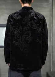 Unique Black Stand Collar Print Button Silk Velour Mens Coat Long Sleeve