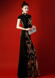 Unique Black Stand Collar Sequins Patchwork Maxi Dresses Summer