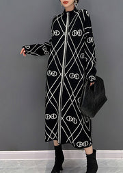 Unique Black Stand Collar White Striped Patchwork Knit Long Dress Fall