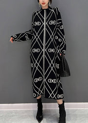 Unique Black Stand Collar White Striped Patchwork Knit Long Dress Fall