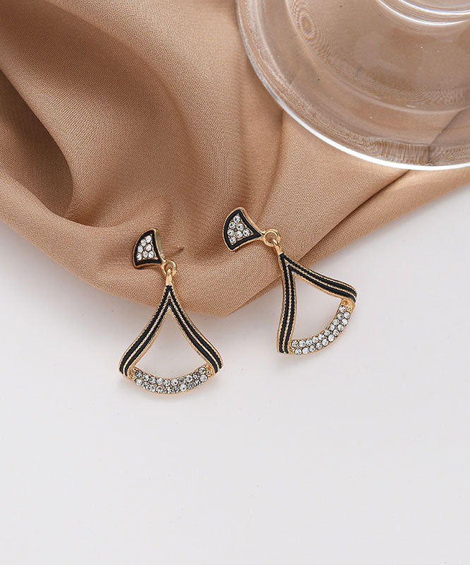 Unique Black Sterling Silver Alloy Zircon Oil Drip Fan Shaped Drop Earrings