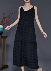 Unique Black Tasseled Chiffon Spaghetti Strap Dress Summer