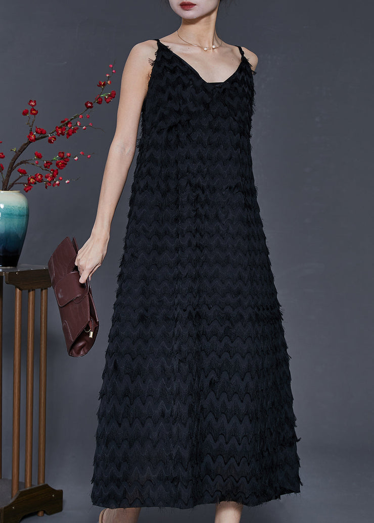 Unique Black Tasseled Chiffon Spaghetti Strap Dress Summer