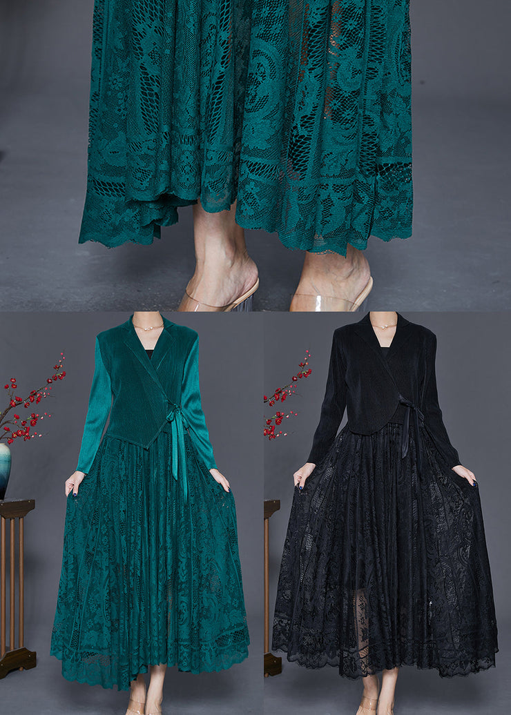 Unique Black Tie Waist Lace Patchwork Silk Velour Maxi Dresses Fall