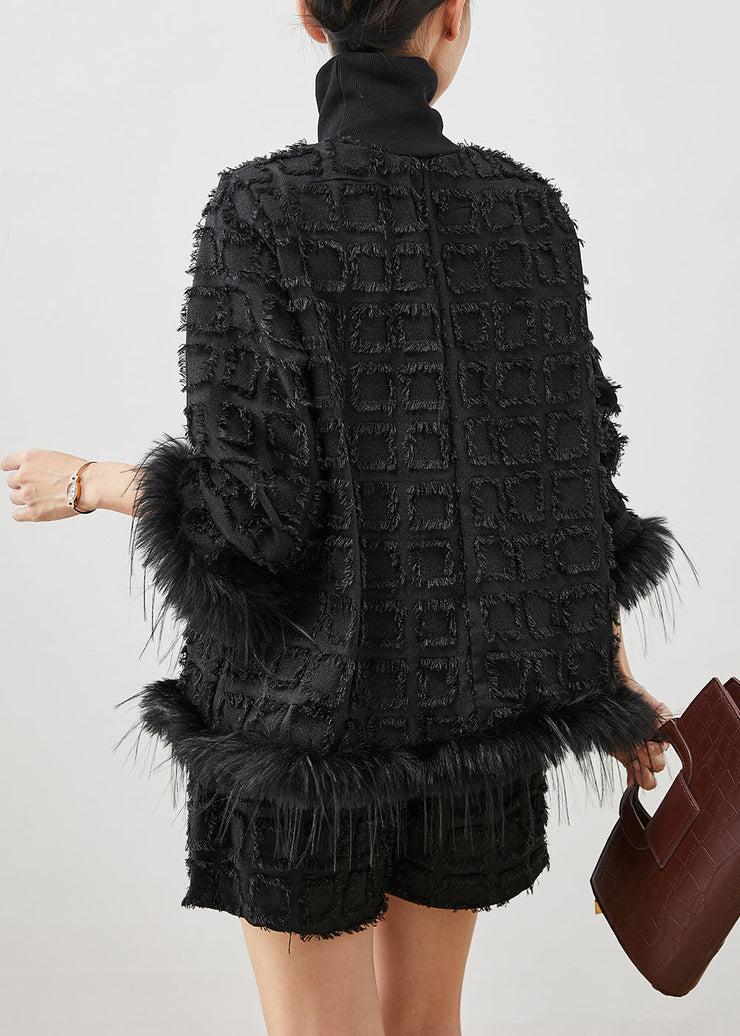 Unique Black Turtle Neck Patchwork Mink Hair Cotton Two Pieces Set Spring