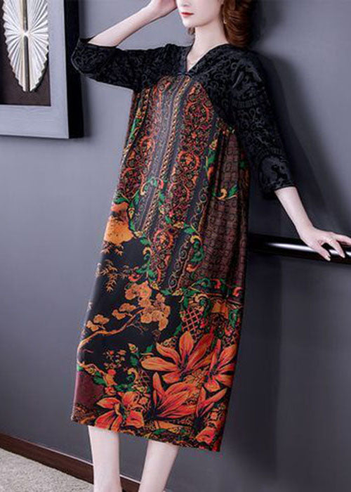 Unique Black V Neck Patchwork Print Silk Velour Long Dress Spring