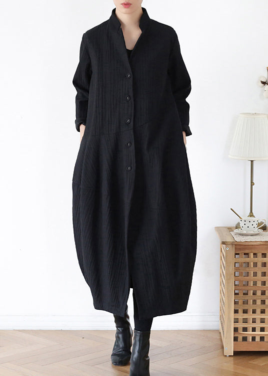 Unique Black V Neck Pockets Linen Trench Coats Long Sleeve