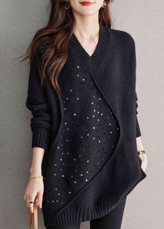 Unique Black V Neck Sequins Patchwork Woolen Sweater Spring