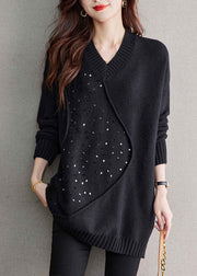 Unique Black V Neck Sequins Patchwork Woolen Sweater Spring