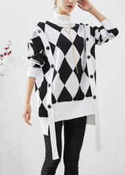 Unique Black White Plaid Turtle Neck Knit Pullover Winter