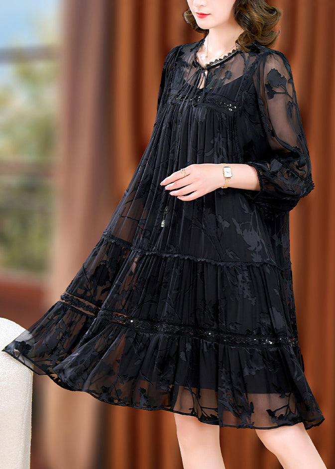 Unique Black Wrinkled Jacquard Patchwork Tulle Mid Dresses Fall