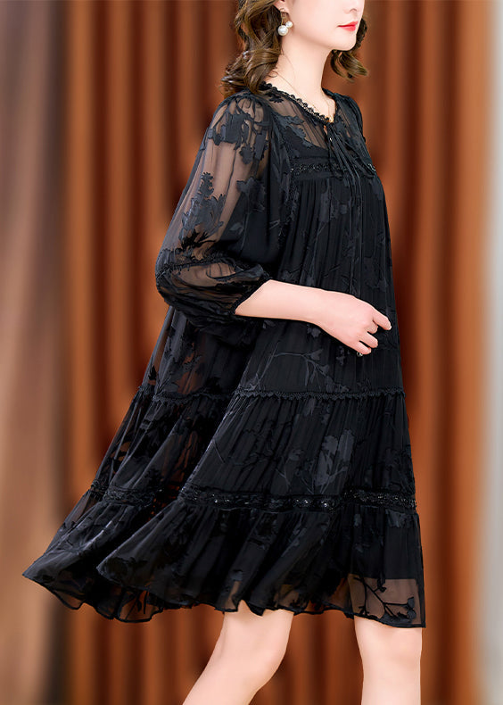 Unique Black Wrinkled Jacquard Patchwork Tulle Mid Dresses Fall