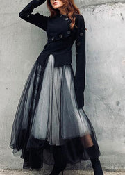 Unique Black Wrinkled Lace Patchwork Tulle Skirt Spring