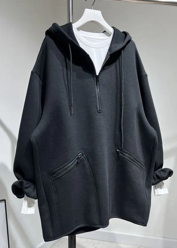 Unique Black Zippered Drawstring Hooded Pullover Long Sleeve