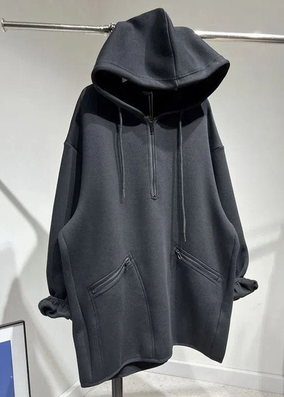 Unique Black Zippered Drawstring Hooded Pullover Long Sleeve