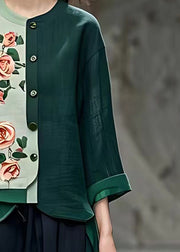 Unique Blackish Green O-Neck Floral Button Coats Bracelet Sleeve