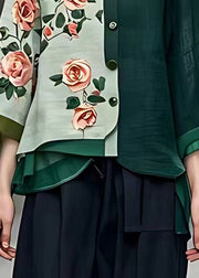 Unique Blackish Green O-Neck Floral Button Coats Bracelet Sleeve
