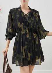 Unique Blackish Green Print Wrinkled Chiffon Day Dress Fall