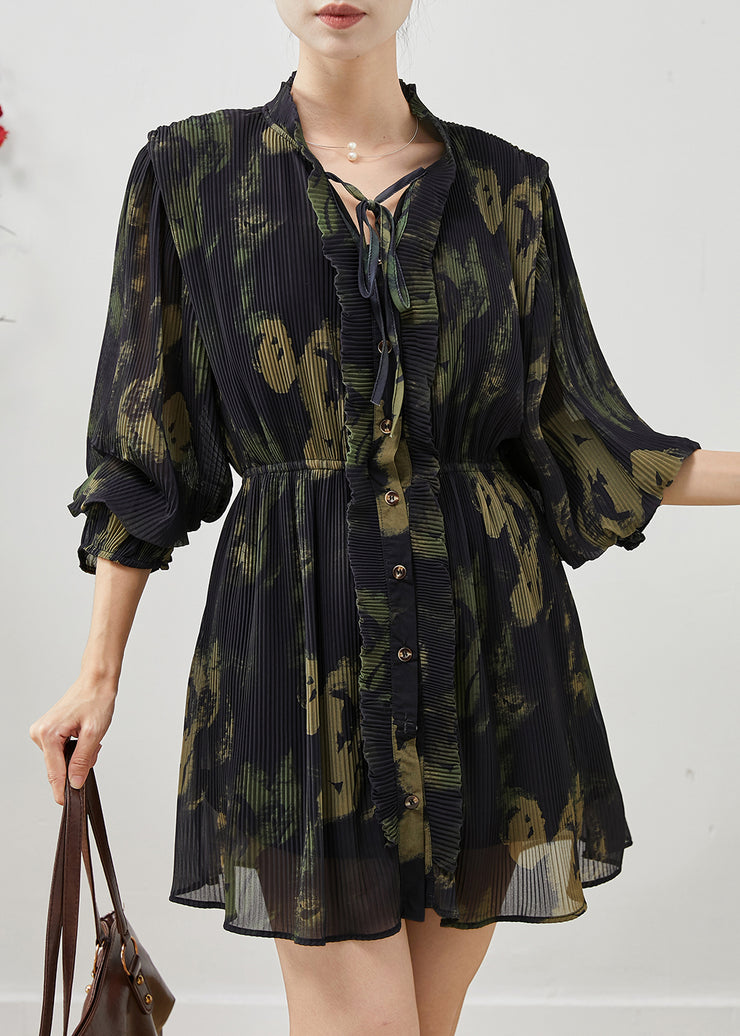 Unique Blackish Green Print Wrinkled Chiffon Day Dress Spring