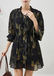 Unique Blackish Green Print Wrinkled Chiffon Day Dress Spring