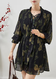 Unique Blackish Green Print Wrinkled Chiffon Day Dress Spring