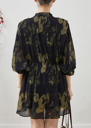 Unique Blackish Green Print Wrinkled Chiffon Day Dress Fall