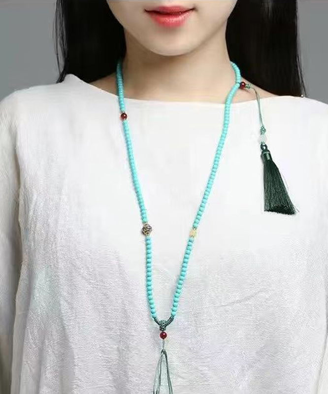 Unique Blue Alloy Turquoise Jade Beeswax Tassel Pendant Necklace