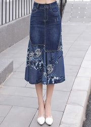 Unique Blue Asymmetrical Chiffon Patchwork Design Denim Skirt Spring