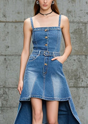 Unique Blue Asymmetrical Denim Cinched Sundress Summer