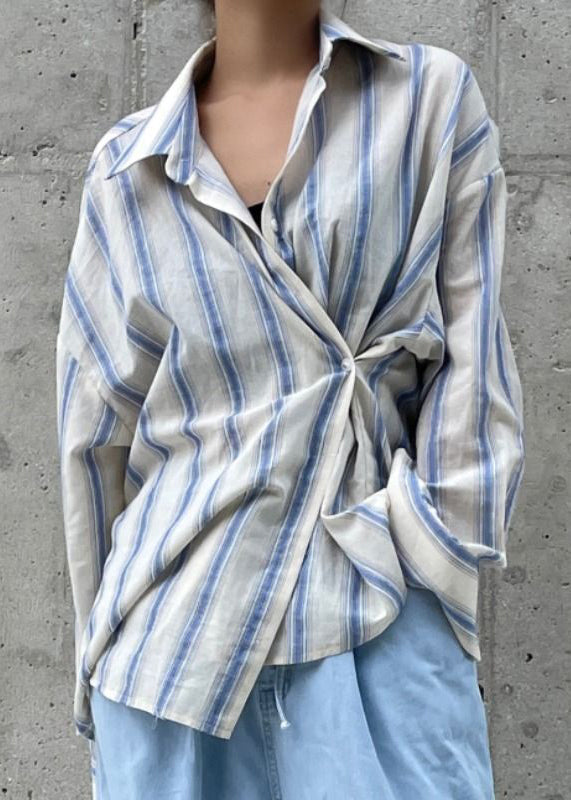 Unique Blue Asymmetrical Design Striped Cotton Shirt Top Spring