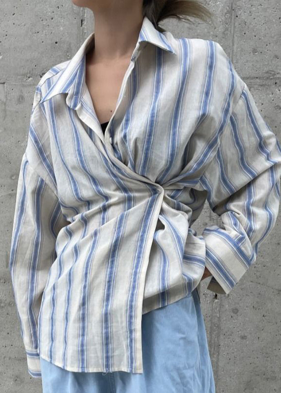 Unique Blue Asymmetrical Design Striped Cotton Shirt Top Spring