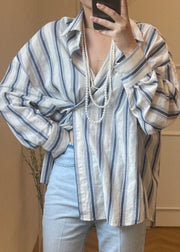 Unique Blue Asymmetrical Design Striped Cotton Shirt Top Spring