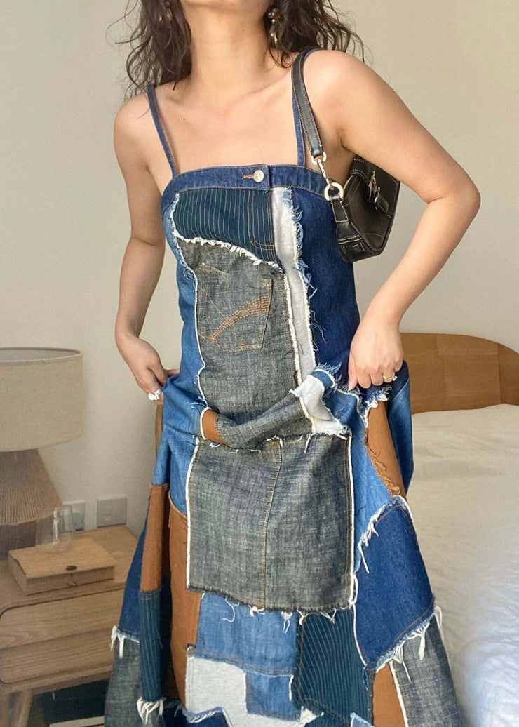 Unique Blue Asymmetrical Patchwork Denim Spaghetti Strap Dress Summer