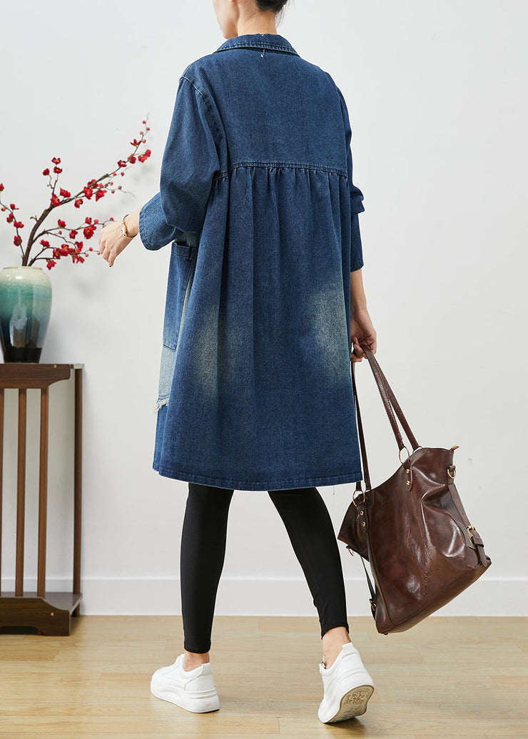 Unique Blue Asymmetrical Patchwork Denim Trench Coats Fall