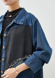 Unique Blue Asymmetrical Patchwork Denim Trench Coats Fall