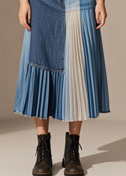 Unique Blue Asymmetrical Patchwork Wrinkled Denim Skirts Fall