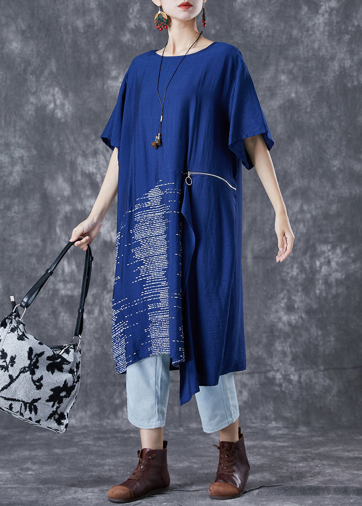 Unique Blue Asymmetrical Patchwork Zippered Cotton Dresses Summer