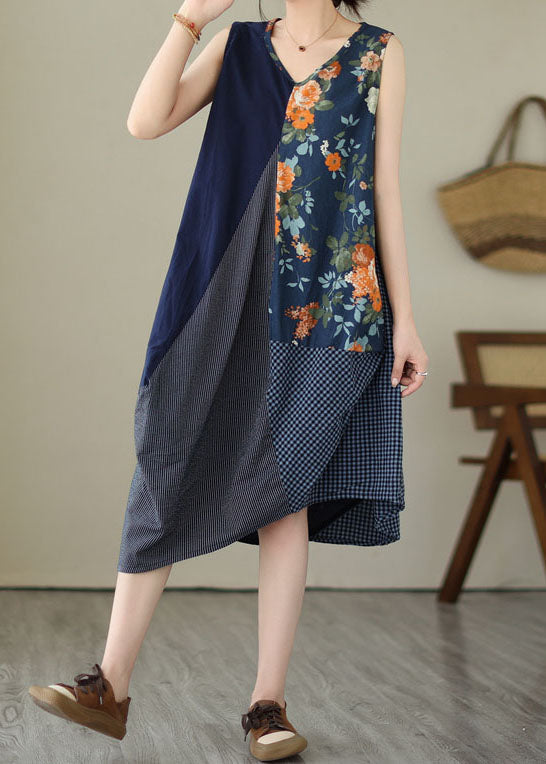 Unique Blue Asymmetrical Print Patchwork Linen Exra Large Hem Dress Sleeveless