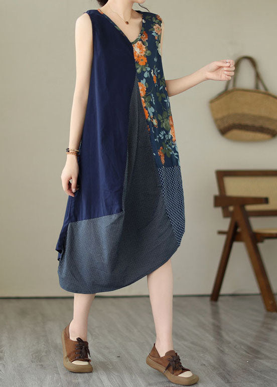 Unique Blue Asymmetrical Print Patchwork Linen Exra Large Hem Dress Sleeveless